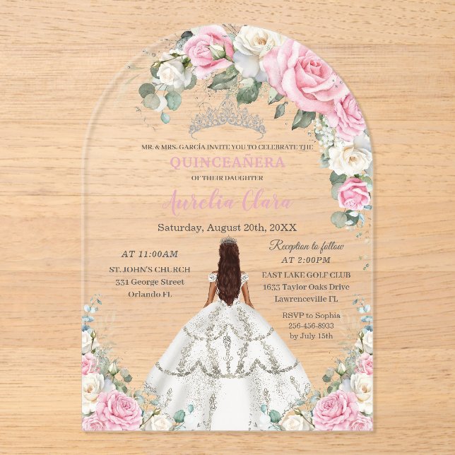 Quinceañera XV Pink White Floral Princess Silver Acrylic Invitations (Front)