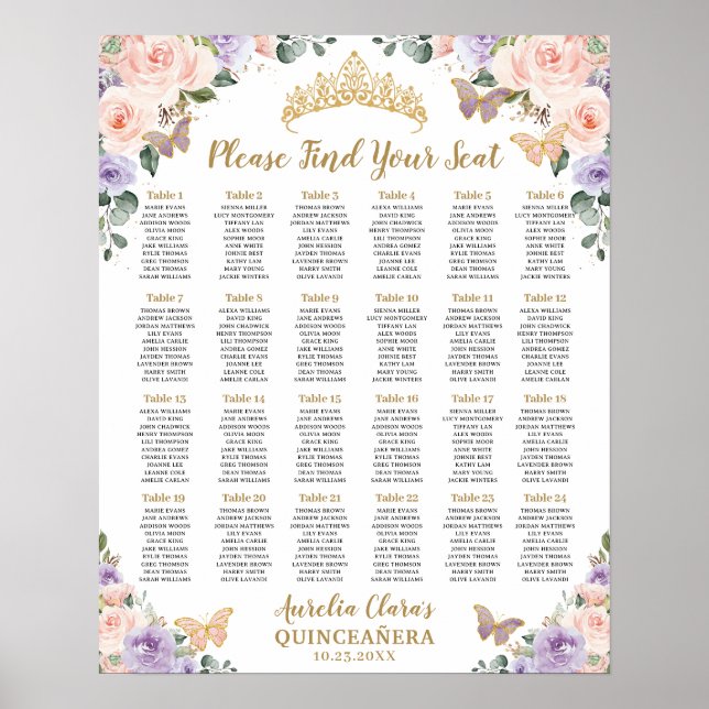 Quinceañera XV Purple Lilac Blush Floral Seating Poster (Front)