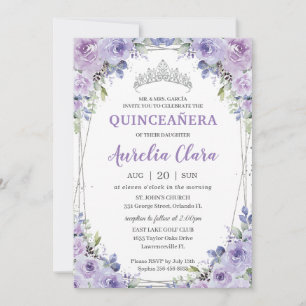 Quinceañera XV Purple Lilac Floral Silver Crown Invitation