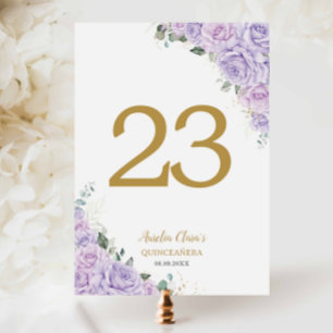 Quinceanera XV Purple Lilac Roses Floral Gold Table Number