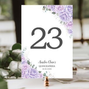 Quinceanera XV Purple Lilac Roses Floral Silver Table Number