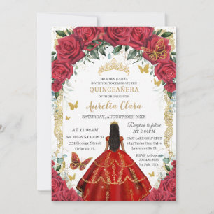 Quinceañera XV Red Floral Vintage Gold Black Hair Invitation