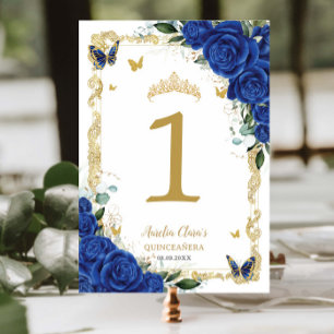 Quinceañera XV Royal Blue Floral Gold Butterflies Table Number