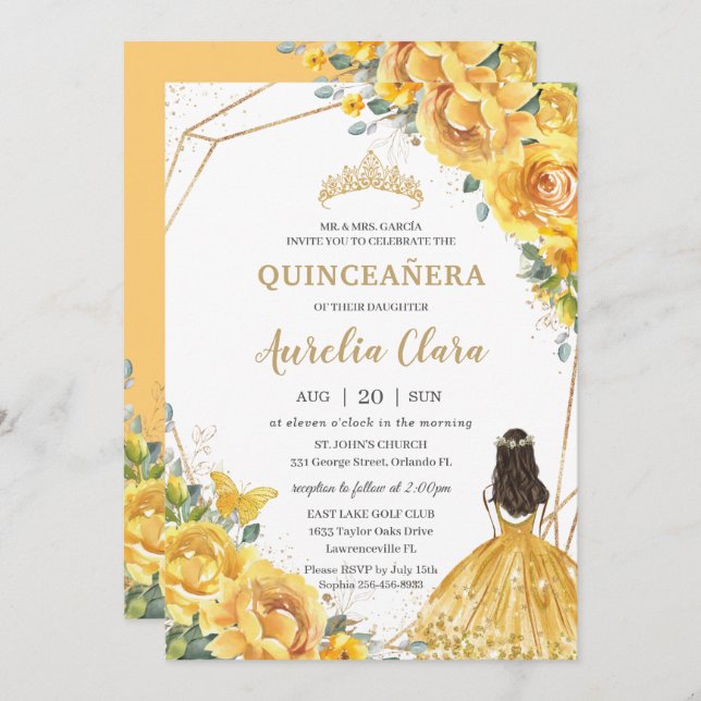 Quinceañera Yellow Floral Gold Princess 15 Anos In Invitation (Front/Back)