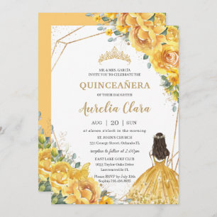 Quinceañera Yellow Floral Gold Princess 15 Anos Invitation