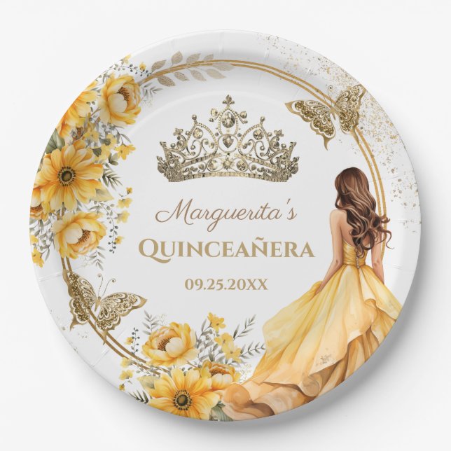 Quinceañera Yellow Floral Gold Tiara Butterfly Paper Plate (Front)