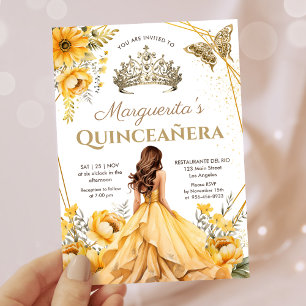 Quinceañera Yellow Floral Gold Tiara Princess Invitation