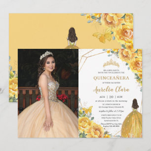 Quinceañera Yellow Floral Princess Crown Birthday  Invitation