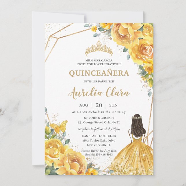 Quinceañera Yellow Floral Roses Princess Birthday Invitation (Front)