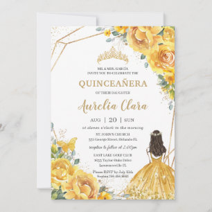 Quinceañera Yellow Floral Roses Princess Birthday Invitation