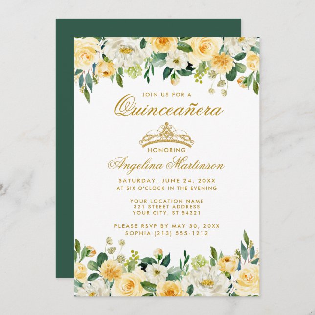 Quinceanera Yellow Gold Green Floral Crown Invite (Front/Back)