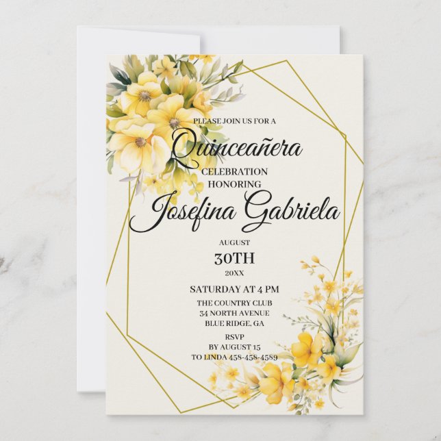 Quinceañera Yellow Gold Invitation (Front)