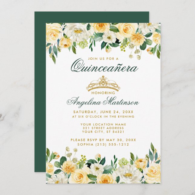 Quinceanera Yellow Green Floral Gold Crown Invite (Front/Back)