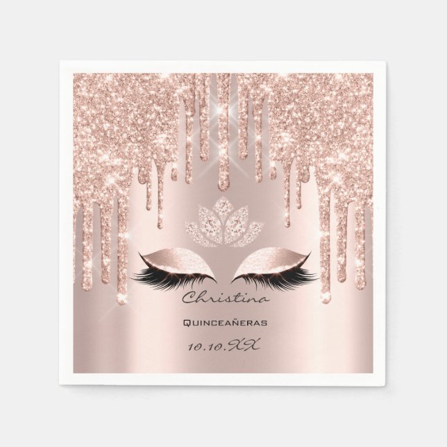 Quinceañeras Rose Gold Sparkly Glitter Eyes Makuep Napkin (Front)