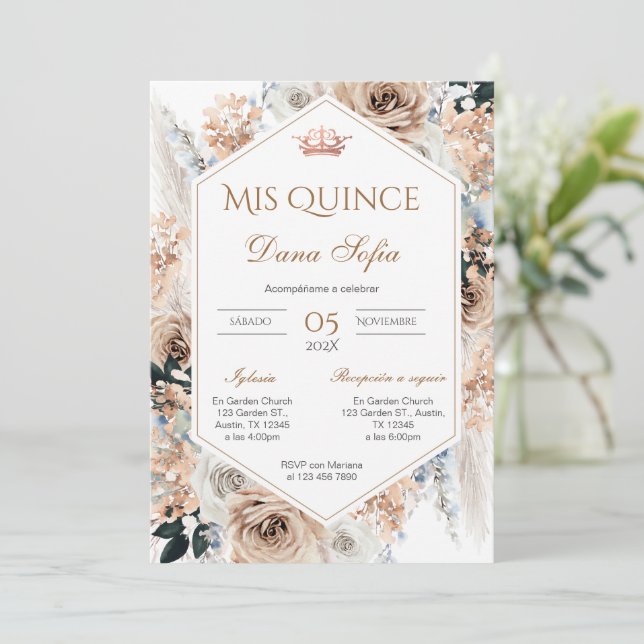 Quincenera Invitation in Spanish BohoFloral (Standing Front)