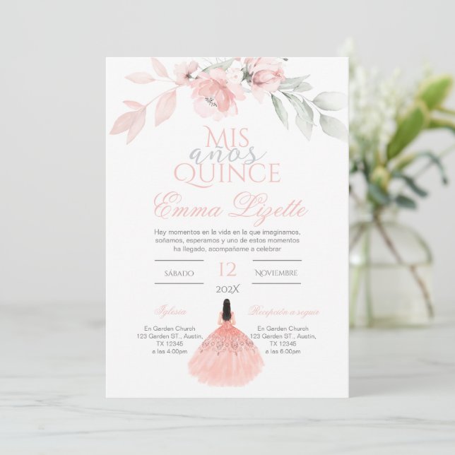 Quinceñera Invitation in Spanish Pink Floral (Standing Front)