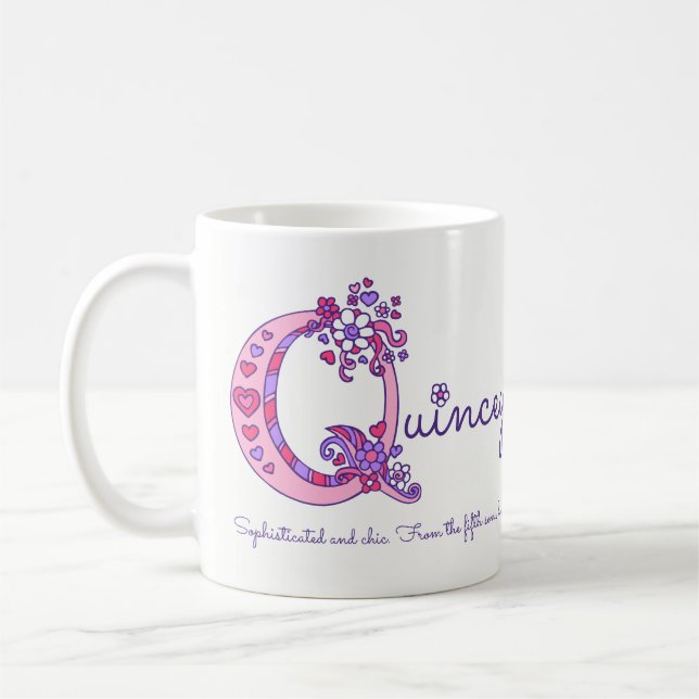 Quincey or Q initial name meaning pink art mug (Left)
