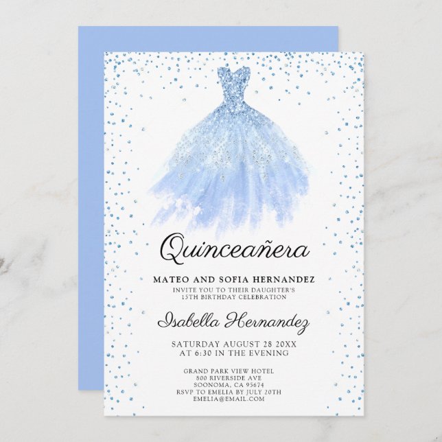 Quineanera Blue Glitter Gown Party Invitation (Front/Back)