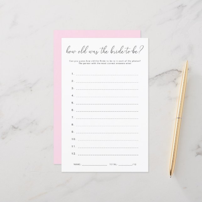 Quinn How Old Was The Bride Game Guess Card (Front/Back In Situ)