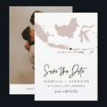 QUINN INDONESIA Blush Pink Map Photo Save the Date Invitation<br><div class="desc">This save the date features a blush rose gold Indonesia map with editable colouring and moveable heart/changeable location! Easily change the destination and edit *Most* wording to match your needs. Add your own photo to the back for a personal touch, </div>