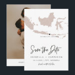 QUINN INDONESIA Blush Pink Map Photo Save the Date Invitation<br><div class="desc">This save the date features a blush rose gold Indonesia map with editable colouring and moveable heart/changeable location! Easily change the destination and edit *Most* wording to match your needs. Add your own photo to the back for a personal touch, </div>