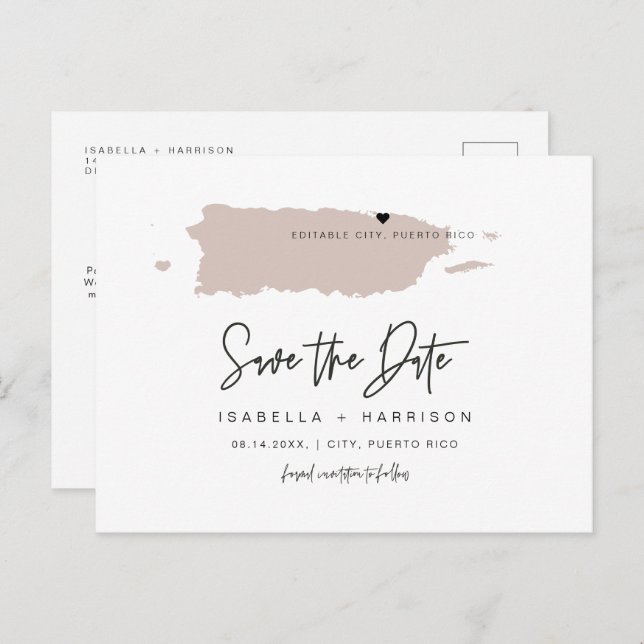 QUINN Puerto Rico Map Save the Date Moveable Heart Postcard (Front/Back)