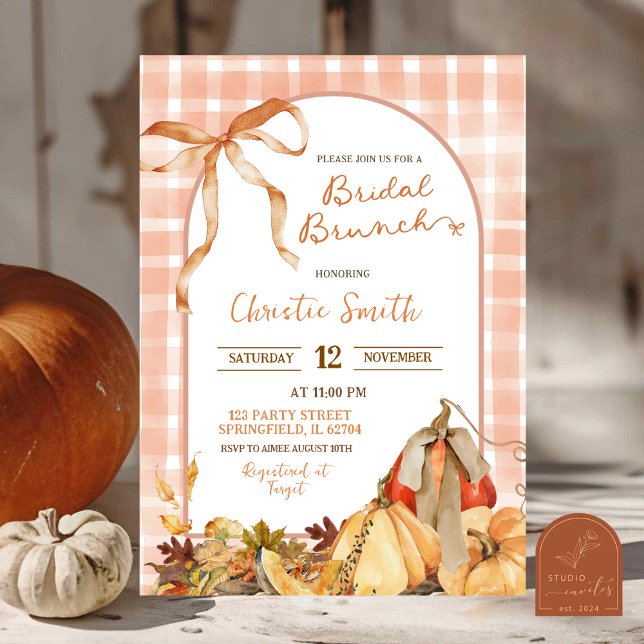 Quirk Gingham Plaid Bow Pumpkin Bridal Brunch Invitation (Creator Uploaded)