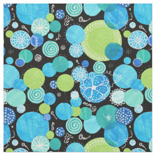 Quirky Abstract Blue Green Black Circles Fabric