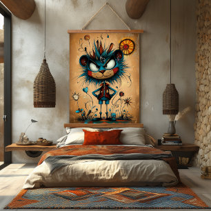 Quirky Abstract Lion Character Art Hanging Tapestry