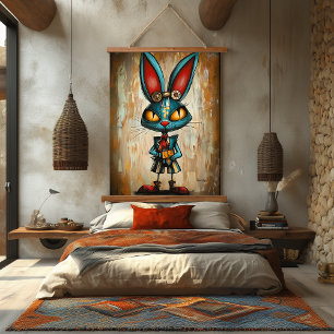 Quirky Abstract Rabbit Character Art Hanging Tapestry