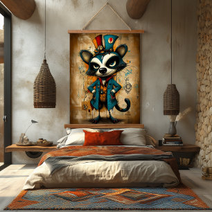 Quirky Abstract Racoon Character Art Hanging Tapestry