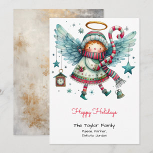 Quirky Angel Illustration Red Happy Holiday Card