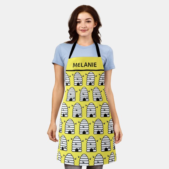 Quirky Bee Hives Pattern on Yellow Personalised Apron (Worn)