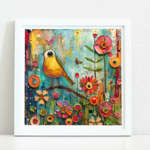 QUIRKY BIRD IN GARDEN POSTER