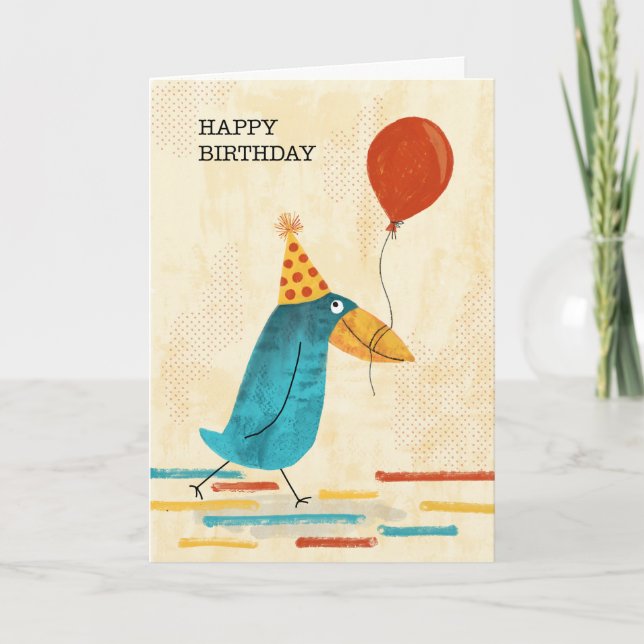 Quirky Bird with Party Hat and Balloon Birthday Thank You Card (Front)
