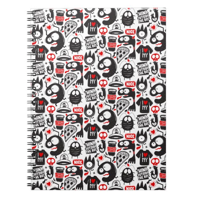 Quirky Black & Red Monster Doodles Notebook (Front)