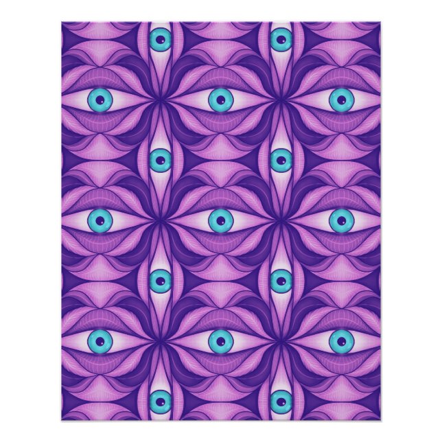 Quirky Blue Eyes In Mystical Purple Pattern Poster (Front)
