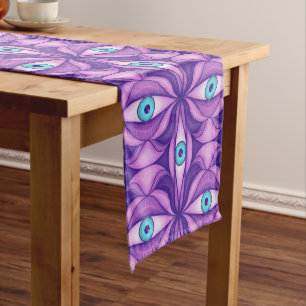 Quirky Blue Eyes In Mystical Purple Pattern Short Table Runner