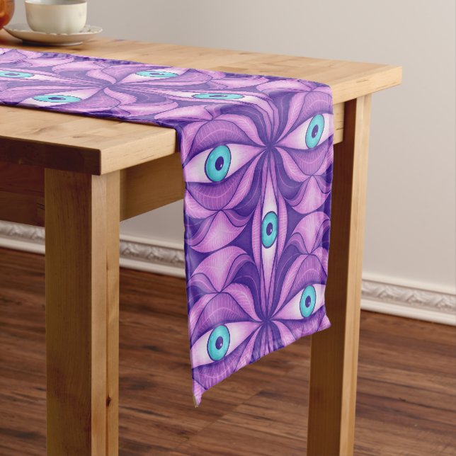 Quirky Blue Eyes In Mystical Purple Pattern Short Table Runner (In Situ)