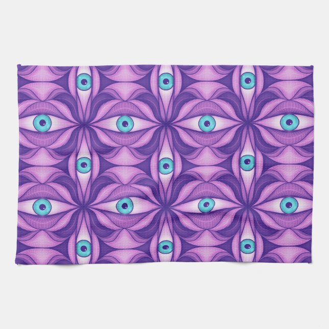 Quirky Blue Eyes In Mystical Purple Pattern Tea Towel (Horizontal)