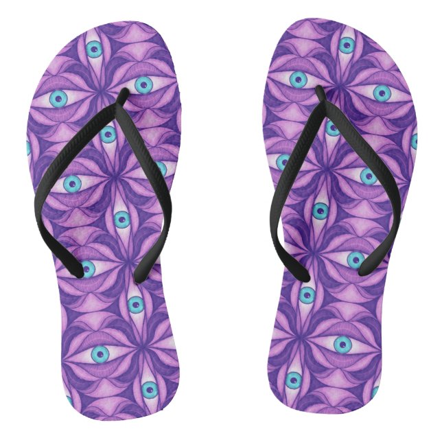 Quirky Blue Eyes In Mystical Purple Pattern Thongs (Footbed)