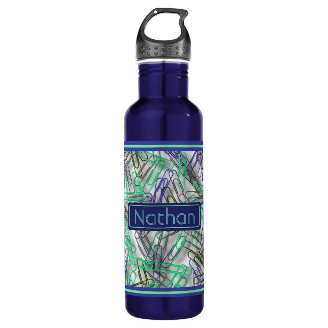 Quirky Blue Green Paperclips Personalised 710 Ml Water Bottle (Front)