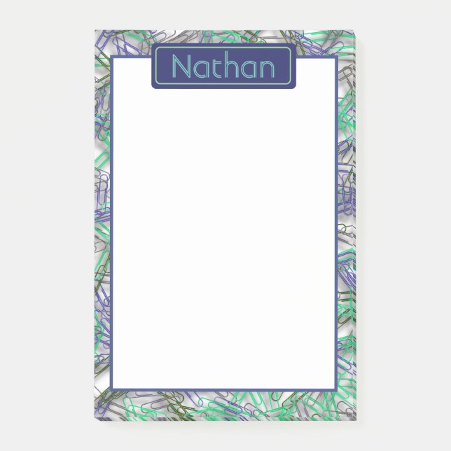 Quirky Blue Green Paperclips Personalised Post-it Notes (Front)