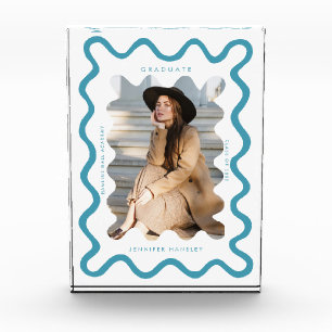 Quirky Blue Wavy Line Graduate Keepsake Photo Block