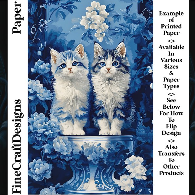 Quirky Blue & White Kittens Floral CP7 Craft Paper (Creator Uploaded)