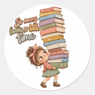 Quirky Book Lover Girl Clipart, Cute Girl with Gia Classic Round Sticker