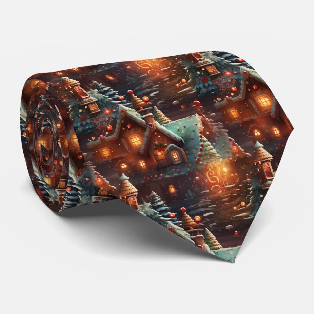 Quirky Brown and Blue Gingerbread House Pattern Tie (Rolled)