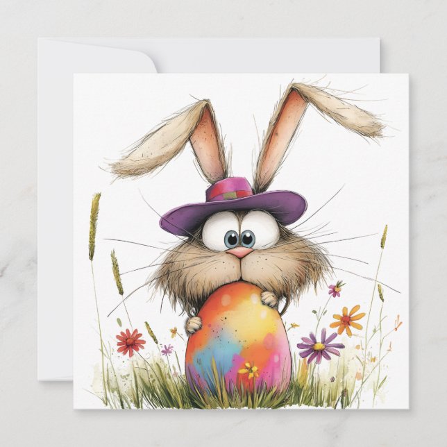 Quirky Bunny with Decorated Egg Easter Greeting Card (Front)