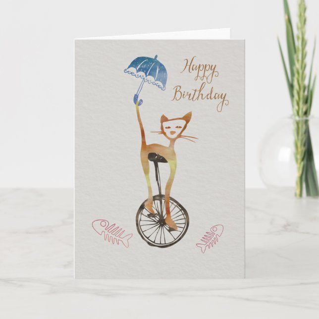 Quirky cat on a unicycle birthday card (Front)