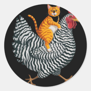Quirky Cat Riding Zebra Chicken Animal Lover Felin Classic Round Sticker